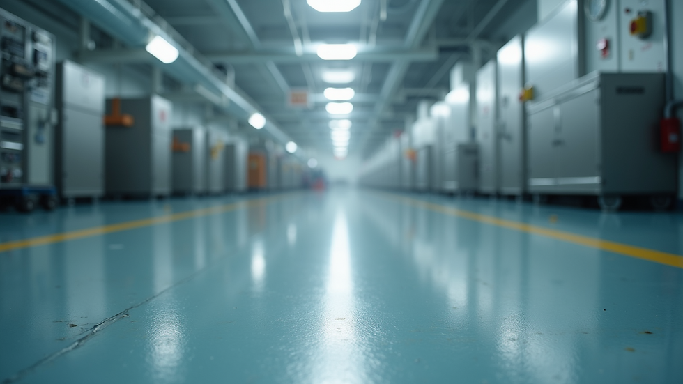 High angle view of a clean industrial facility floor with polished surfaces