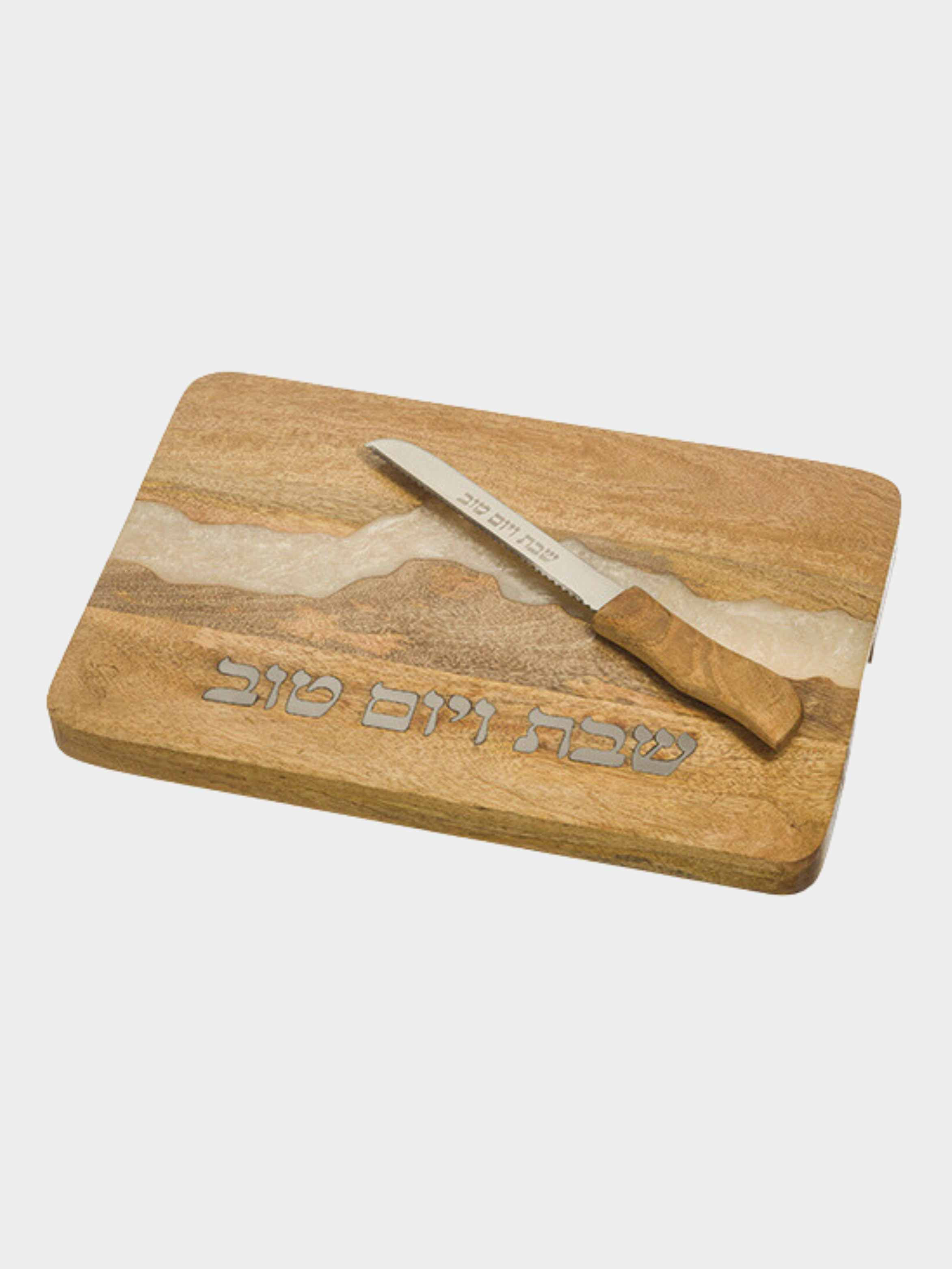 מגש חלה עץ טבעי + סכין 41/27 ס"מ