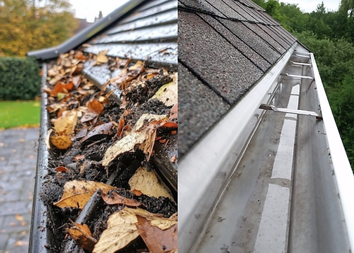 Before and after gutter cleaning in Buford GA showing clogged gutters restored to proper function