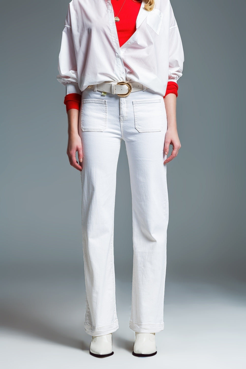 High Waisted Front Pockets Flare Jeans in White
