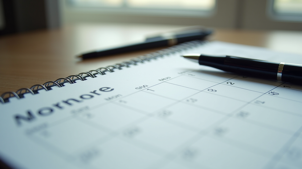 Close-up view of a calendar and a pen on a desk