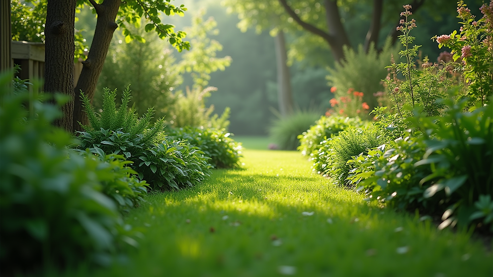 Eye-level view of a lush green garden with diverse plants