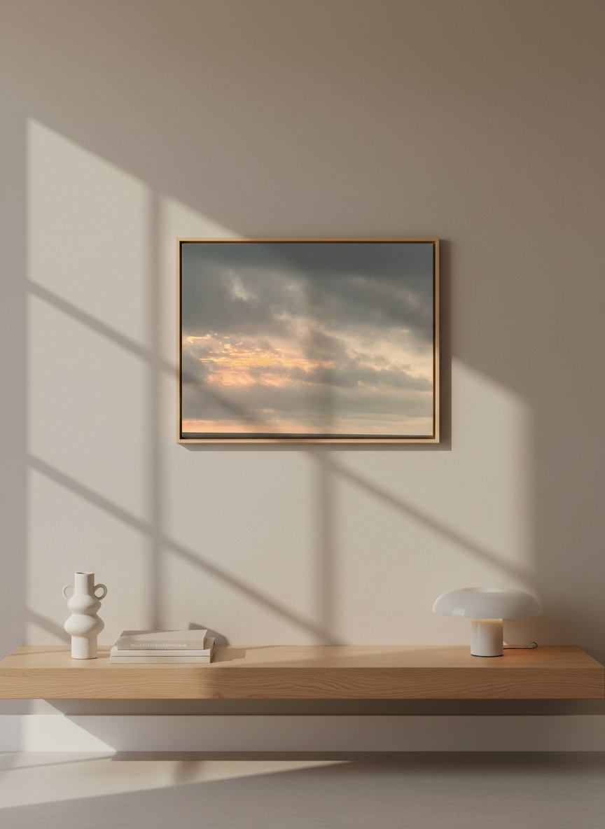 Minimalist room with sky art, wood shelf, and decor