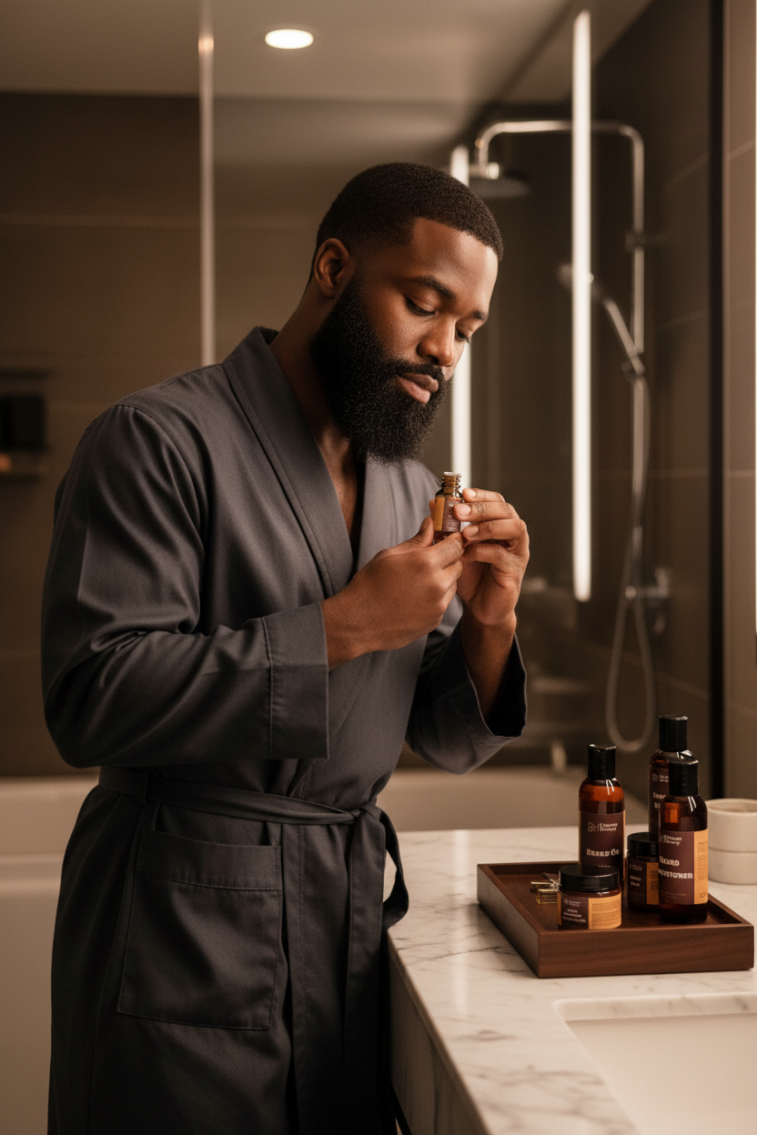 Bearded man in robe examining product bottle