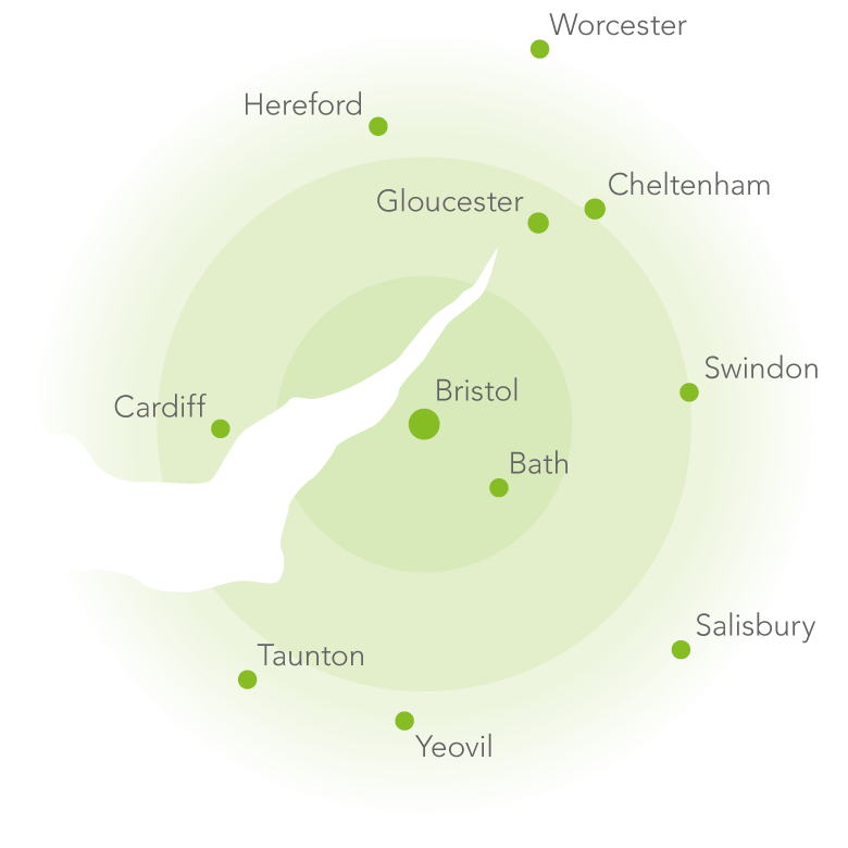 Arbor area map, covering the West Country including Bristol