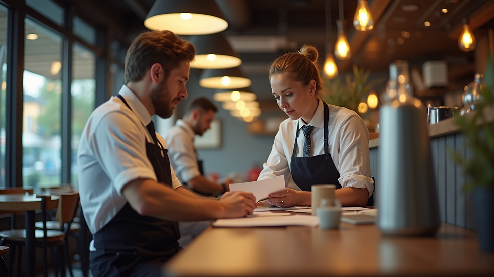 Eye-level view of a restaurant manager reviewing employee schedules