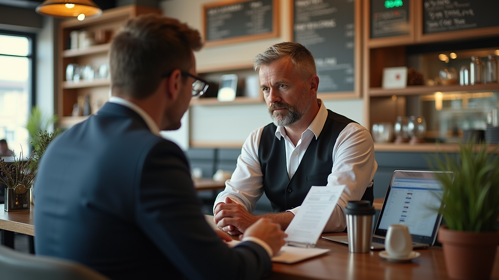 Eye-level view of a restaurant manager discussing payroll with an advisor