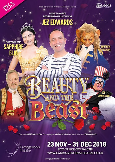 The pantomime Beauty and the Beast at The Carriageworks Theatre, Leeds, 2018. Featuring actor Matthew Wellman as the Beast.