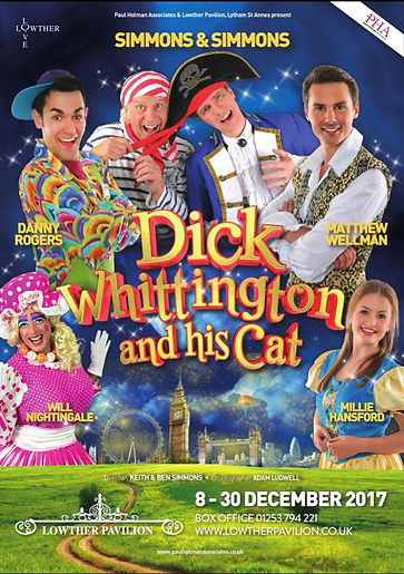 The pantomime Dick Whittington at the Lowther Pavillion Theatre, Lythm Saint Annes. Featuring actor Matthew Welman as Dick Whittington.