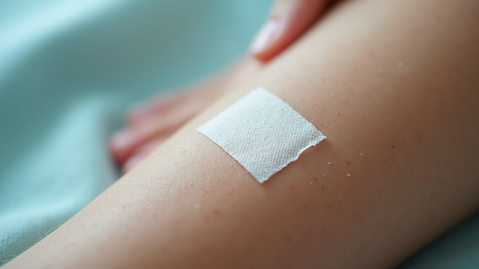 Eye-level view of sterile bandage on treated skin area