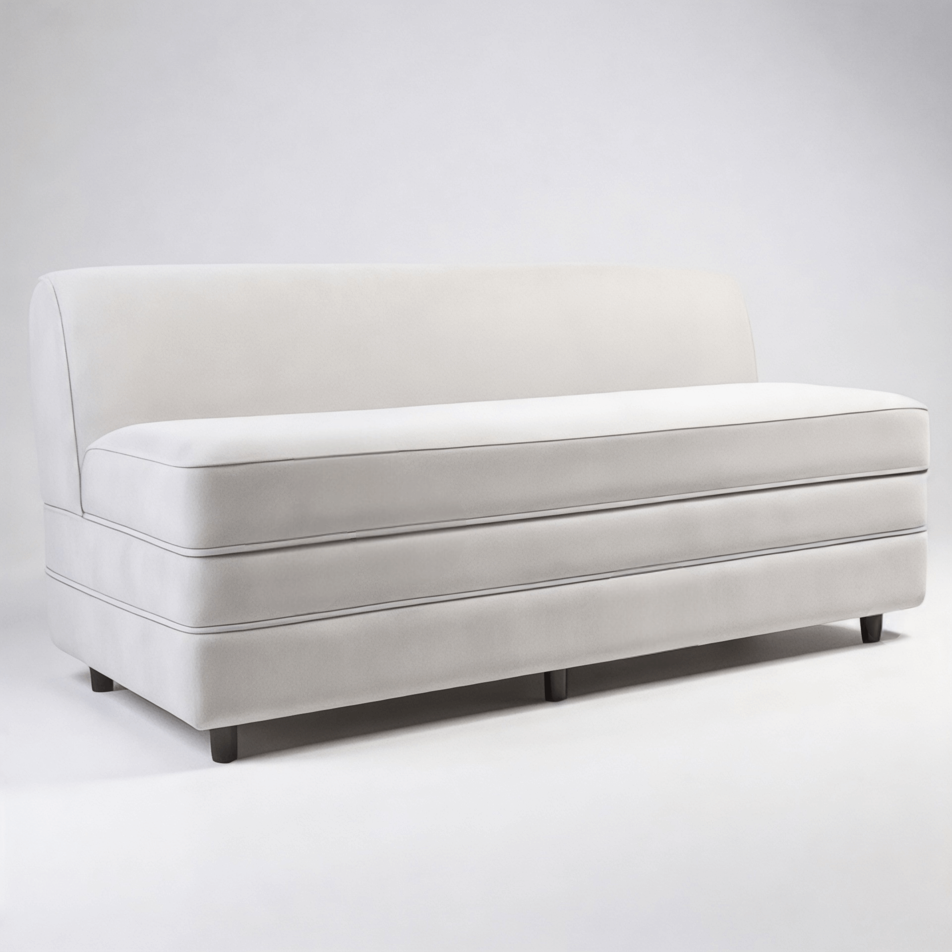 Light gray modern banquette bench with slim back, two thick seat cushions, and dark short legs.