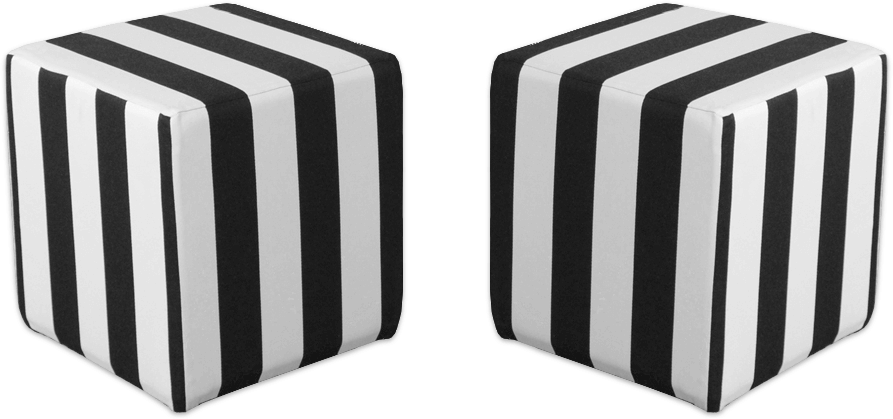 A pair of square outdoor ottomans with bold black and white vertical stripes.