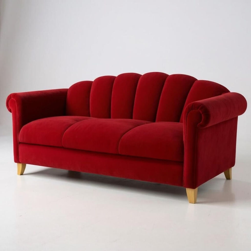 Flair Back Sofa, red velvet, shell back design, angled view