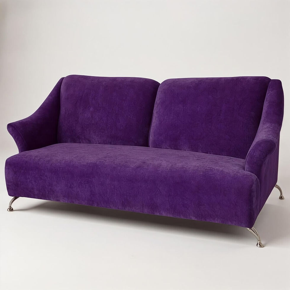 Rich purple velvet two-seater Cosmo sofa with elegant sloped arms and polished metal legs, angled view.