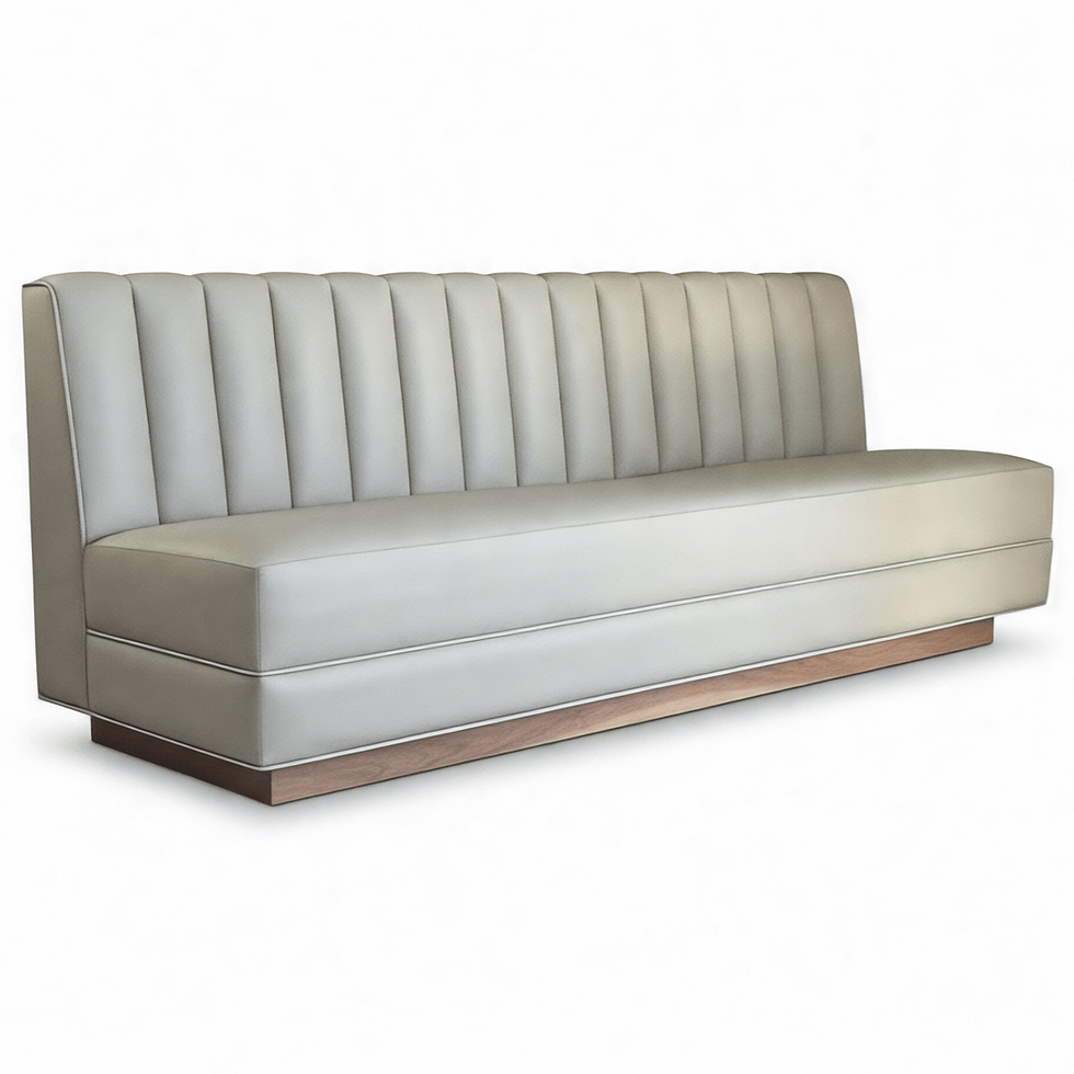 Custom channel tufted banquette bench in light gray fabric featuring a solid wood plinth base in a natural finish.