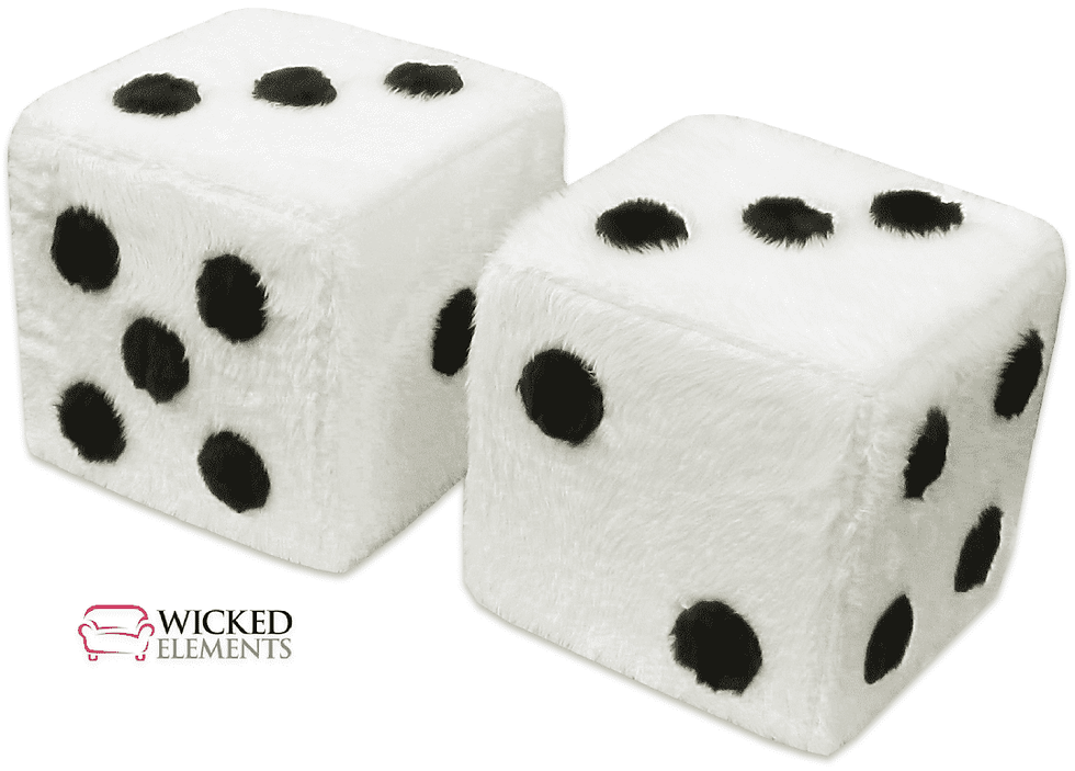 Two plush white dice-shaped ottomans with black spots, seen at an angle.
