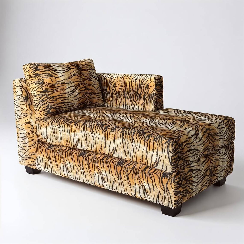 Luxurious tiger-print chaise lounge with a single high armrest and an included matching accent pillow.