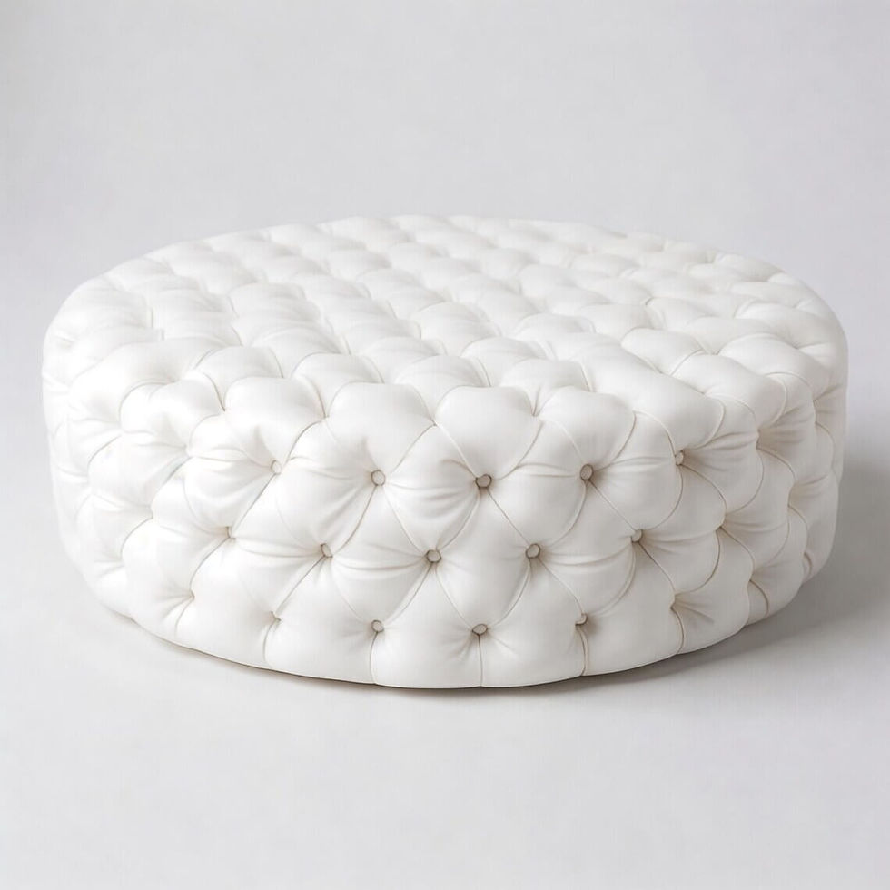 Luxurious round white tufted ottoman with deep buttoning creating a textured surface.
