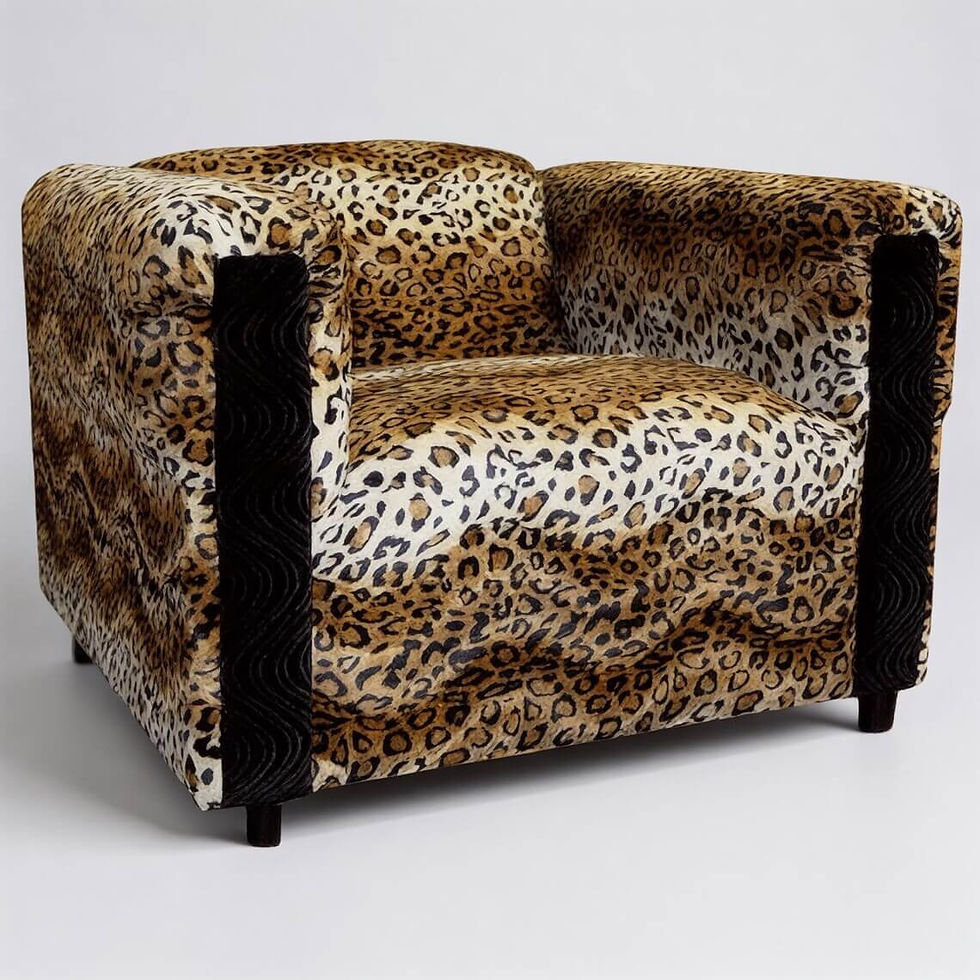 Front view of a Studio Chair upholstered in bold leopard print fabric with black textured side panels.