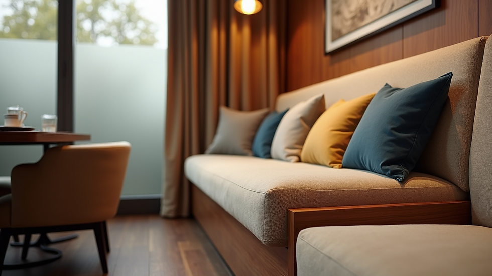 Close-up view of a modern banquette with plush cushions and storage underneath