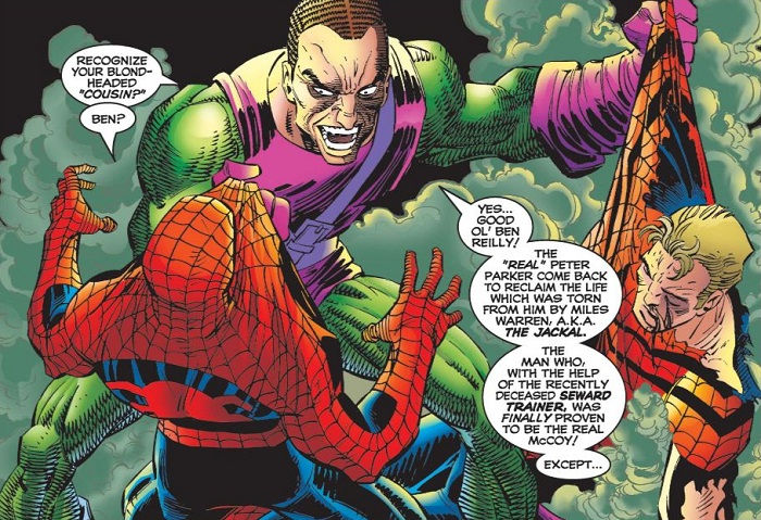 Green Goblin fighting Spider-Man and Ben Reilly