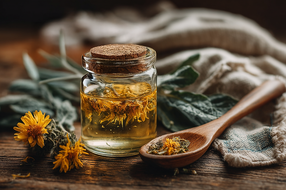 Glas mit Arnikaöl und getrockneten Blüten, daneben frischer Beinwell und ein Holzlöffel – natürliche Linderung bei Gelenk- und Muskelschmerzen.