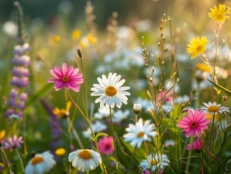 Nahaufnahme einer artenreichen Wiese mit Margeriten, rosa und gelben Blüten als Beispiel für das Zusammenspiel verschiedener Pflanzenarten.