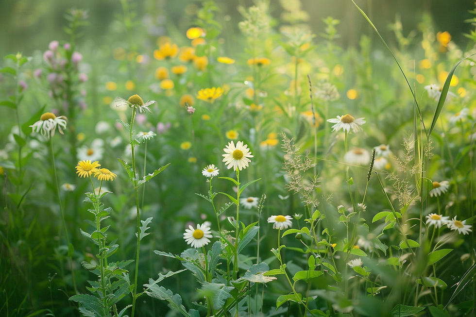 Natürliche Wiese mit Margeriten und weiteren Korbblütlern als artenreiche Pflanzengemeinschaft.