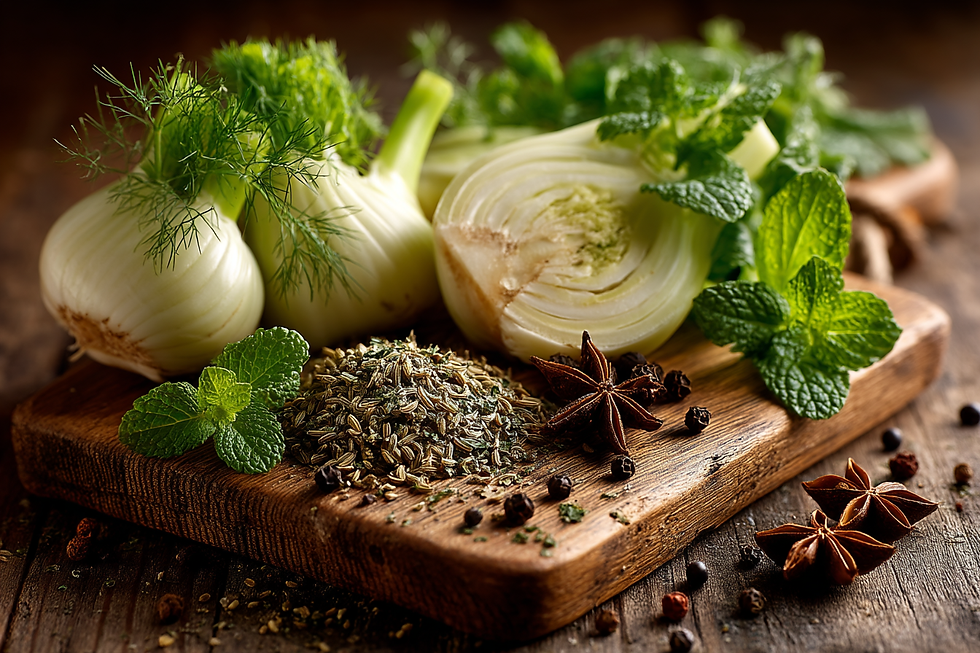 Aufgeschnittener Fenchel, frische Minzblätter und eine Gewürzmischung aus Fenchelsamen, Pfeffer und Sternanis auf einem rustikalen Holzbrett.