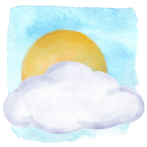 A water colour sun and cloud, over a blue sky