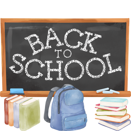 A school chalkboard thats says Back to School, with a school backpack and school books underneath