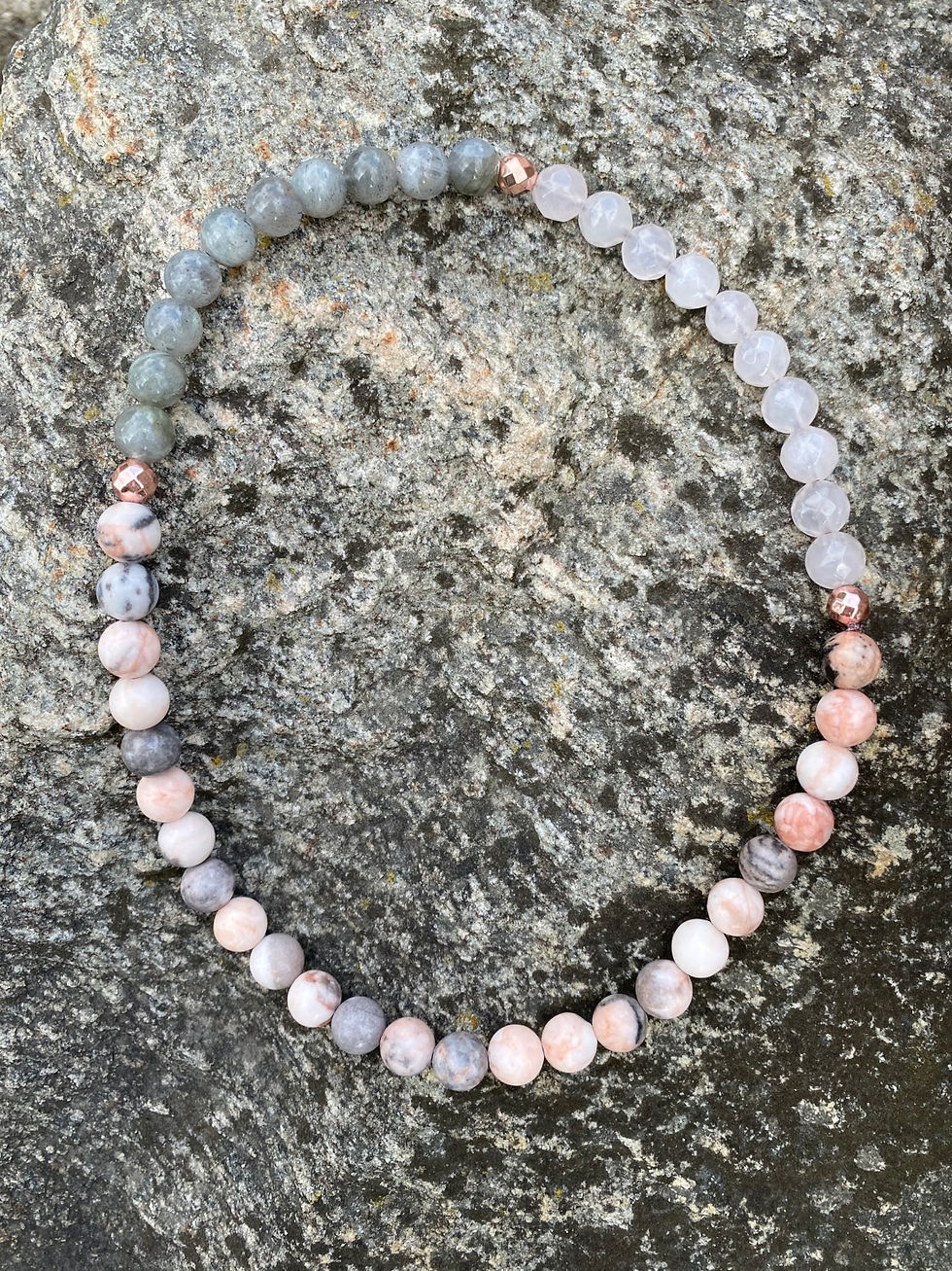 Thumbnail: Pink Zebra Jasper | Labradorite  Rose Quartz | Rose Gold Hematite Wrap Bracelet