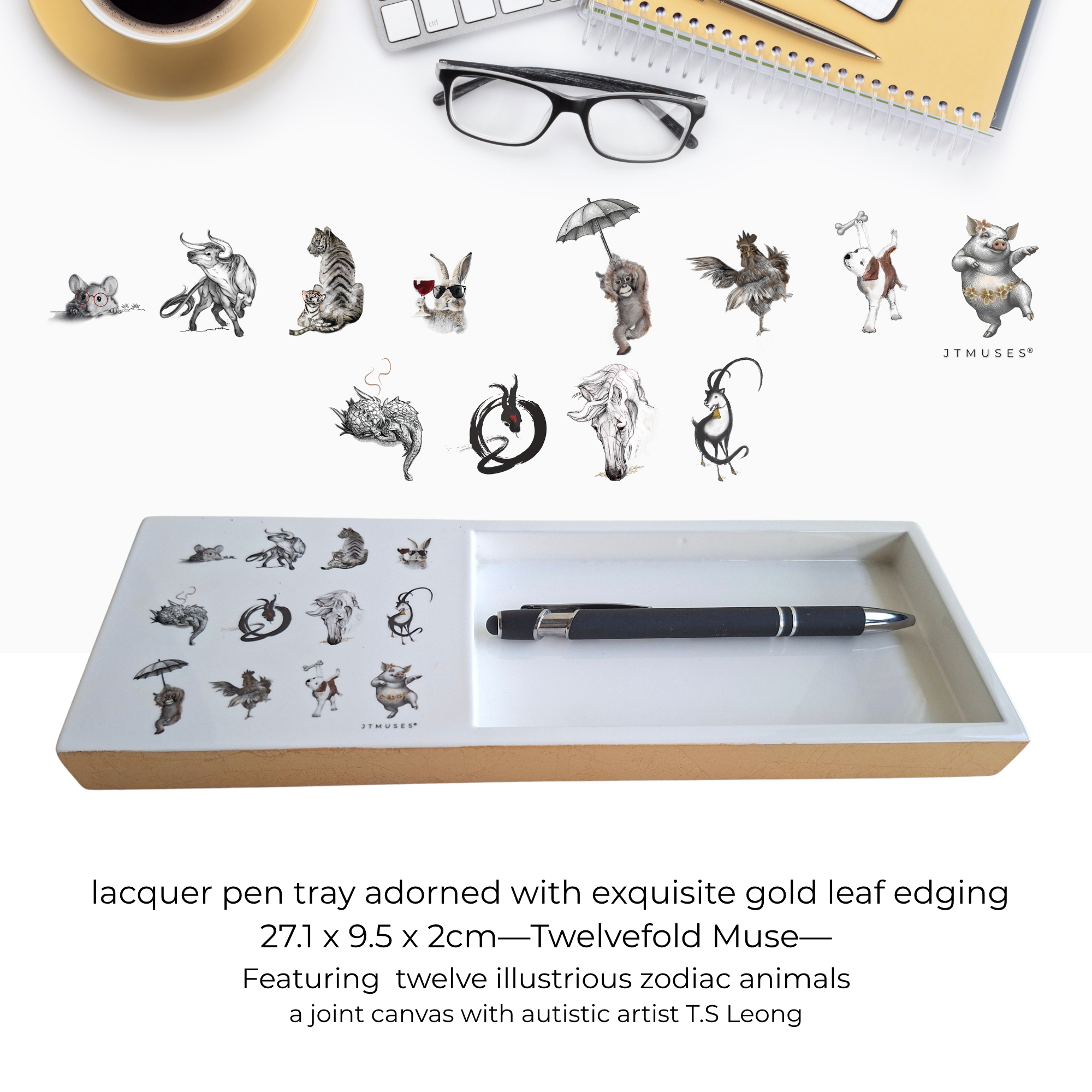 Twelvefold Muse – Lacquer Pen Tray with Gold Leaf edging