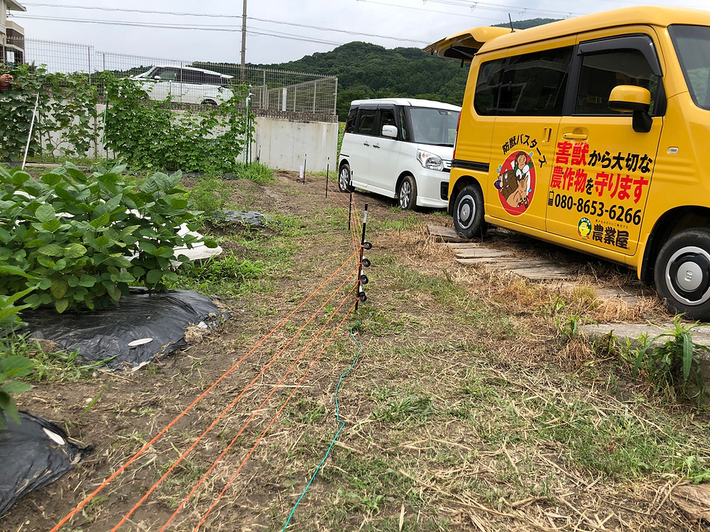 イノシシ、アライグマ対策の電気柵の施工写真です