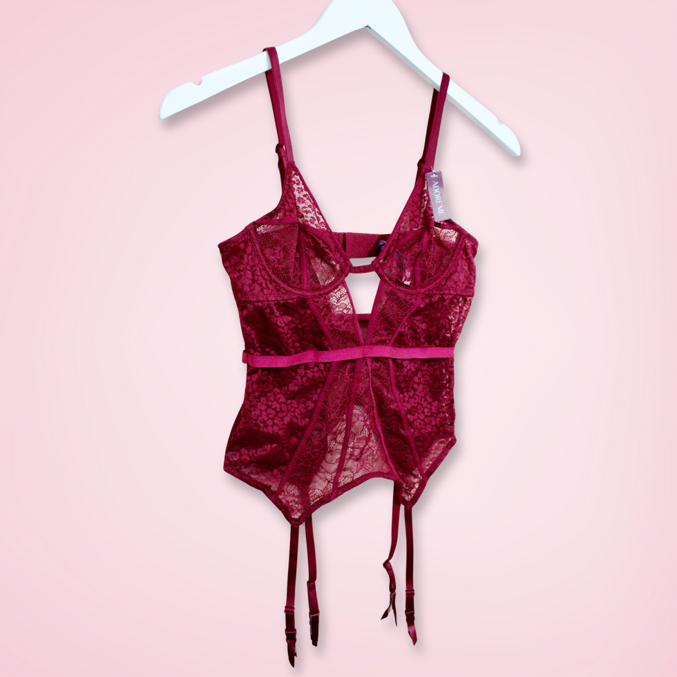 Front left angle of Adore Me Lynn Bustier Top in wine red lace with leopard panels, 32A