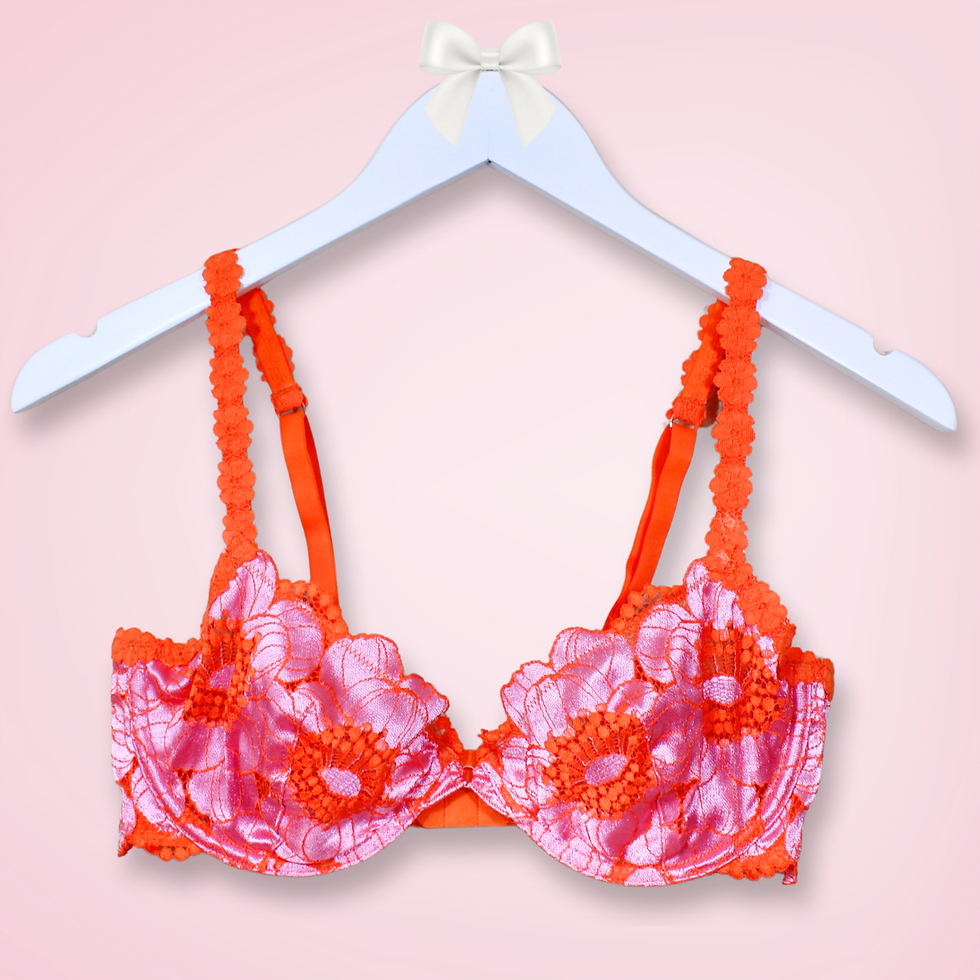 Savage X Fenty Perfect Poppies unlined demi bra in lavender and orange lace, front view