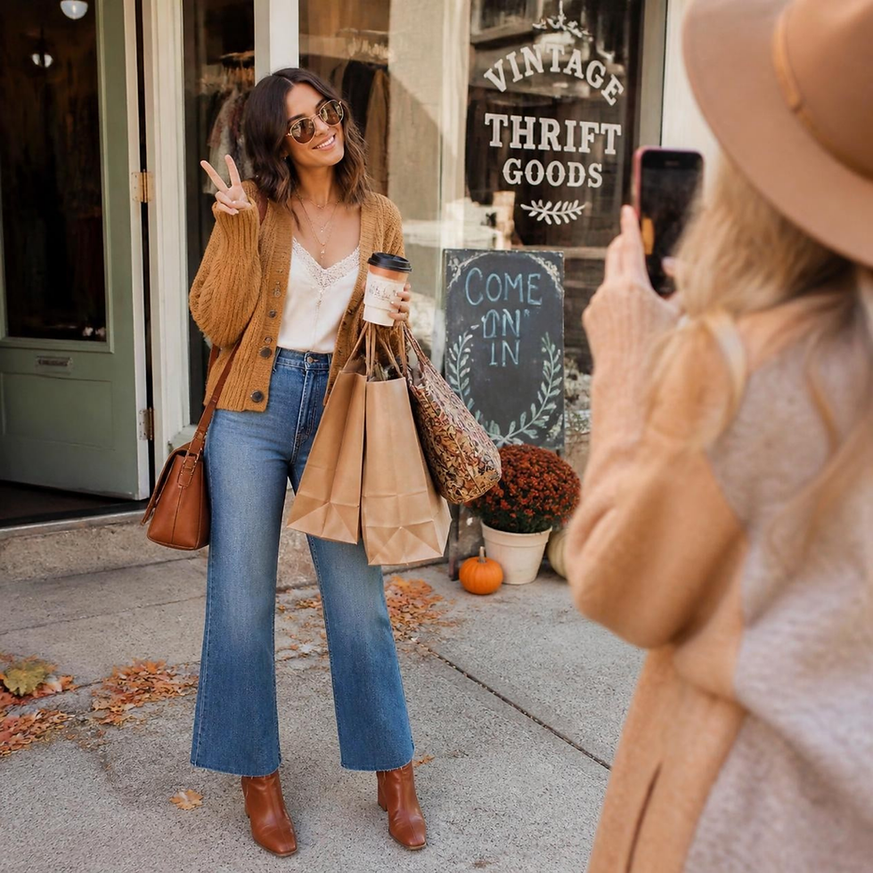 Woman wearing a romantic thrifted fall outfit with a satin camisole, cozy cardigan, jeans and boots outside a vintage thrift store