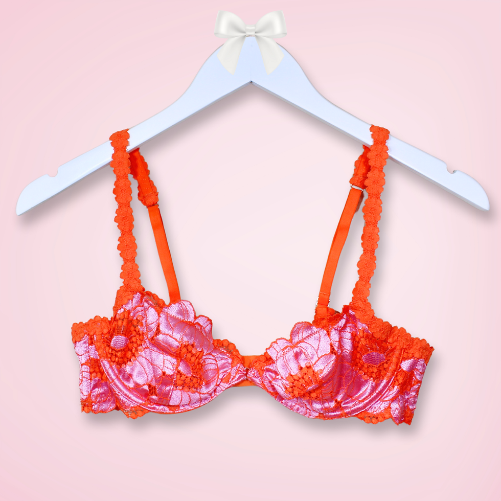 Front view of Savage X Fenty Perfect Poppies unlined lace demi bra in purple and orange, size 34B
