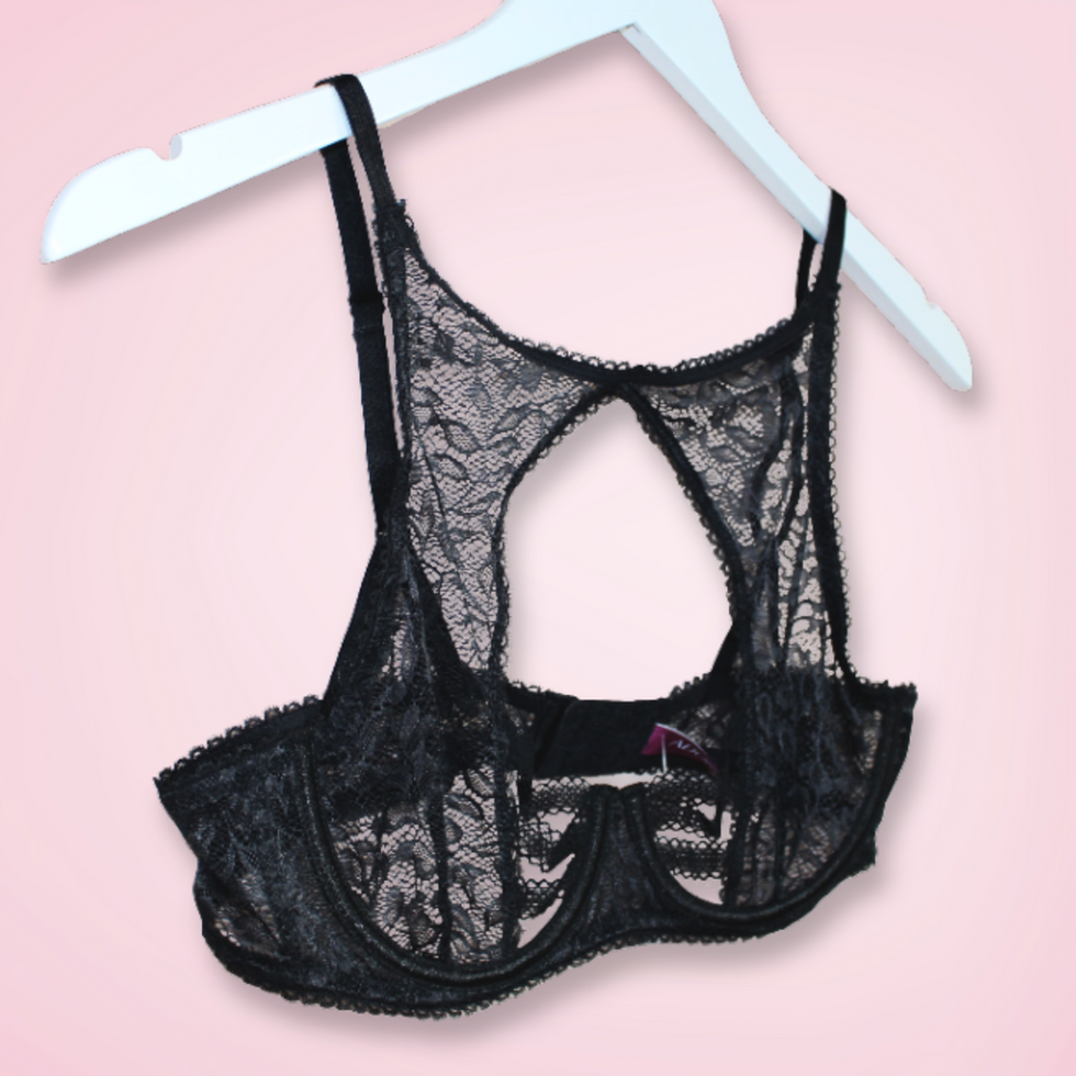 Lace balconette bra angled front-left, Adore Me Dania in jet black, 36B
