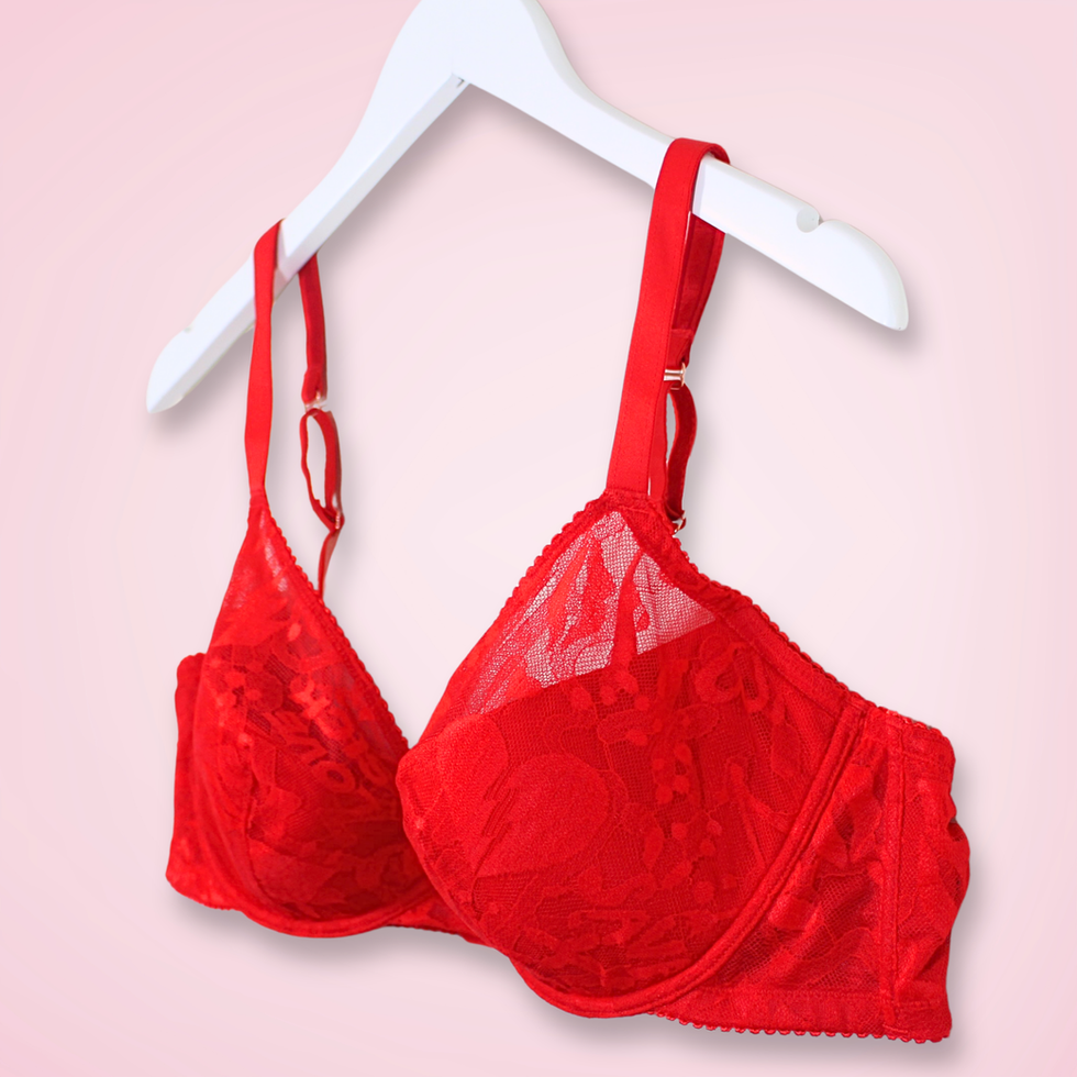 Front angled view of red Savage X Fenty lace half-cup bra with heart-patterned lace