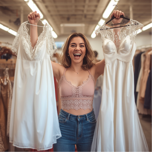 Bride-to-be thrift shopping for wedding dresses in a vintage store while planning a romantic, budget-friendly wedding