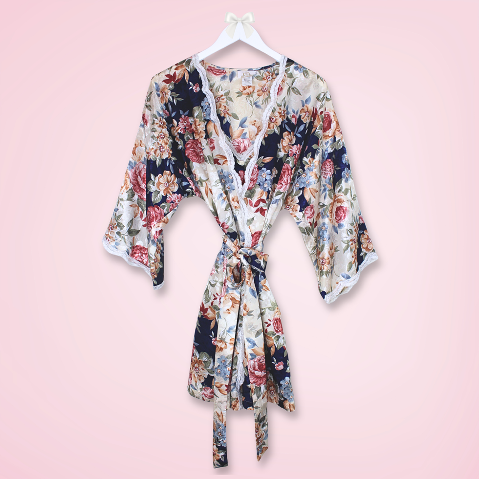 Vintage L.A. Intimates floral slip and matching robe set in navy, pink, ivory and multicolor floral print