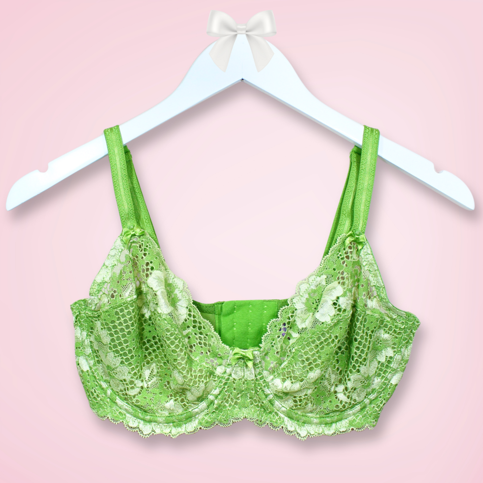 Front view of Adore Me Cinthia green lace bra, showing full-coverage unlined cups and textured straps