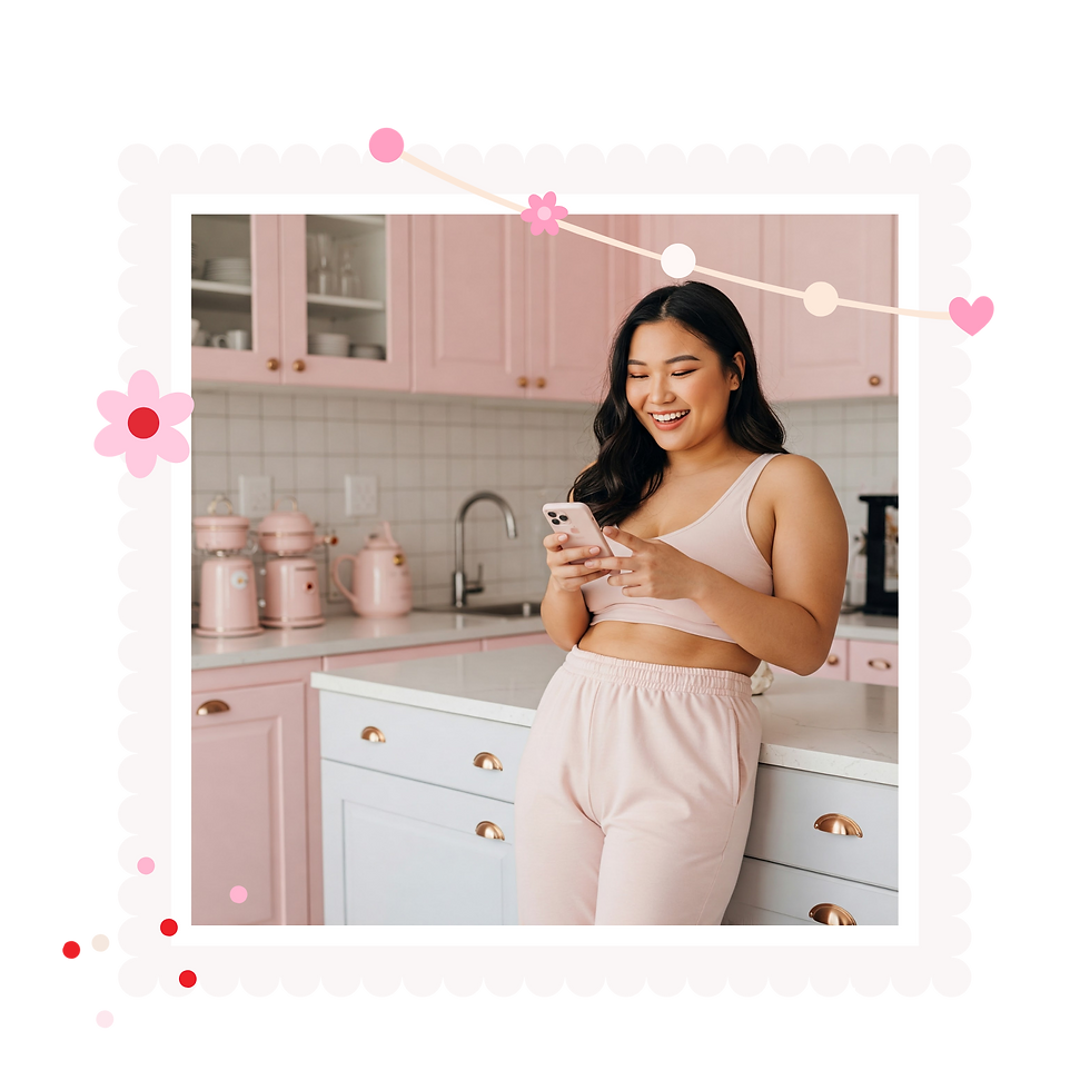 Young woman in light pink bralette and sweatpants smiling while texting in a feminine pkitchen - contact Bloom & Kin Boutique.