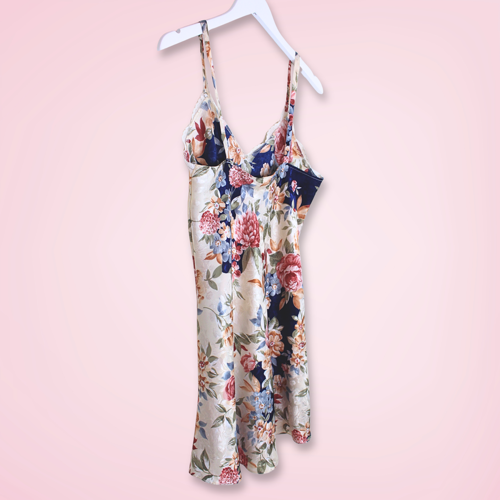 Back right view of vintage L.A. Intimates floral slip with floral fabric