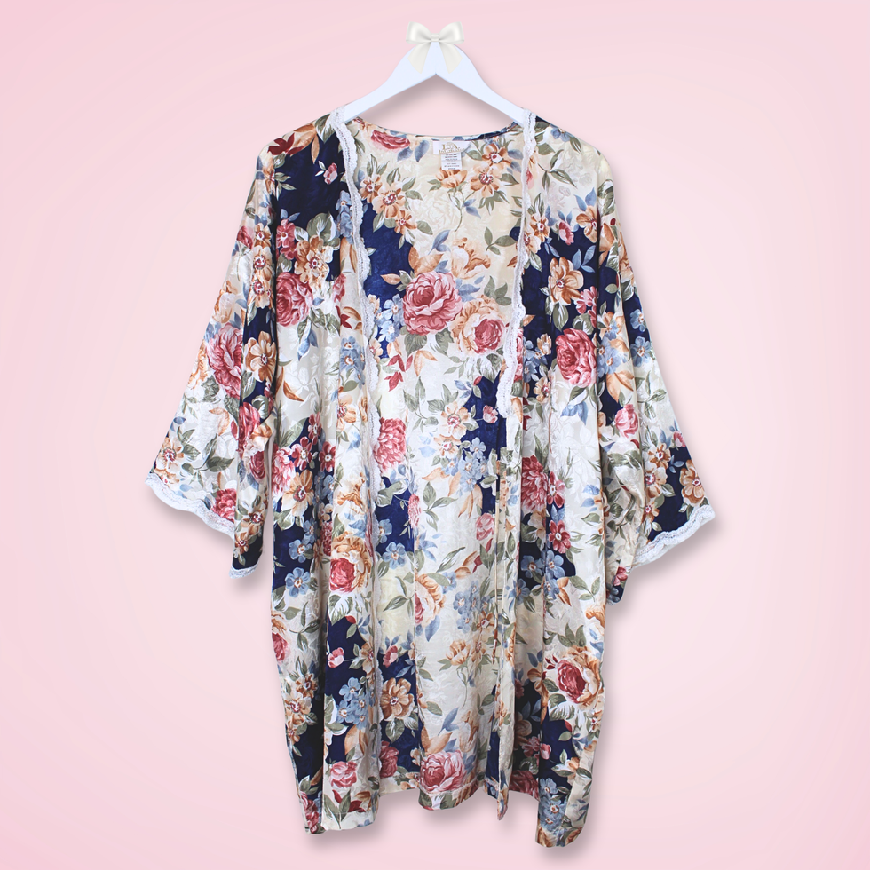 Vintage L.A. Intimates robe in navy, pink, ivory and multicolor floral print