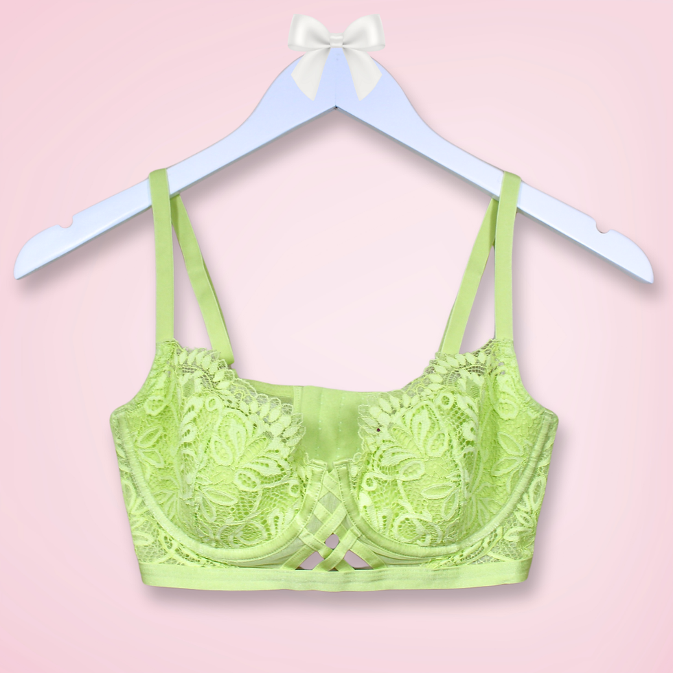 Front view of Adore Me Diara balconette bra in daiquiri green, showing longline lace cups and crossover elastic detail