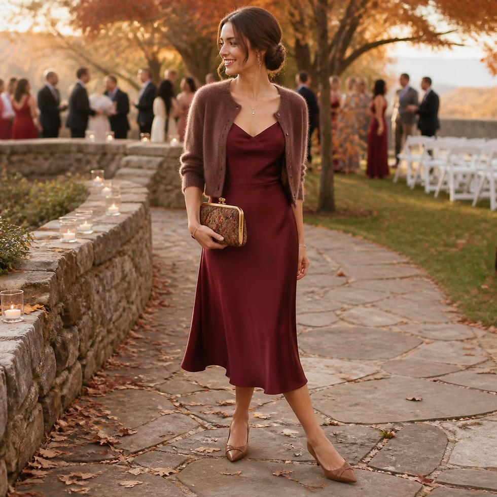 Woman wearing a satin midi dress, cropped cardigan, and vintage clutch at an autumn wedding, showing a romantic fall wedding guest outfit.