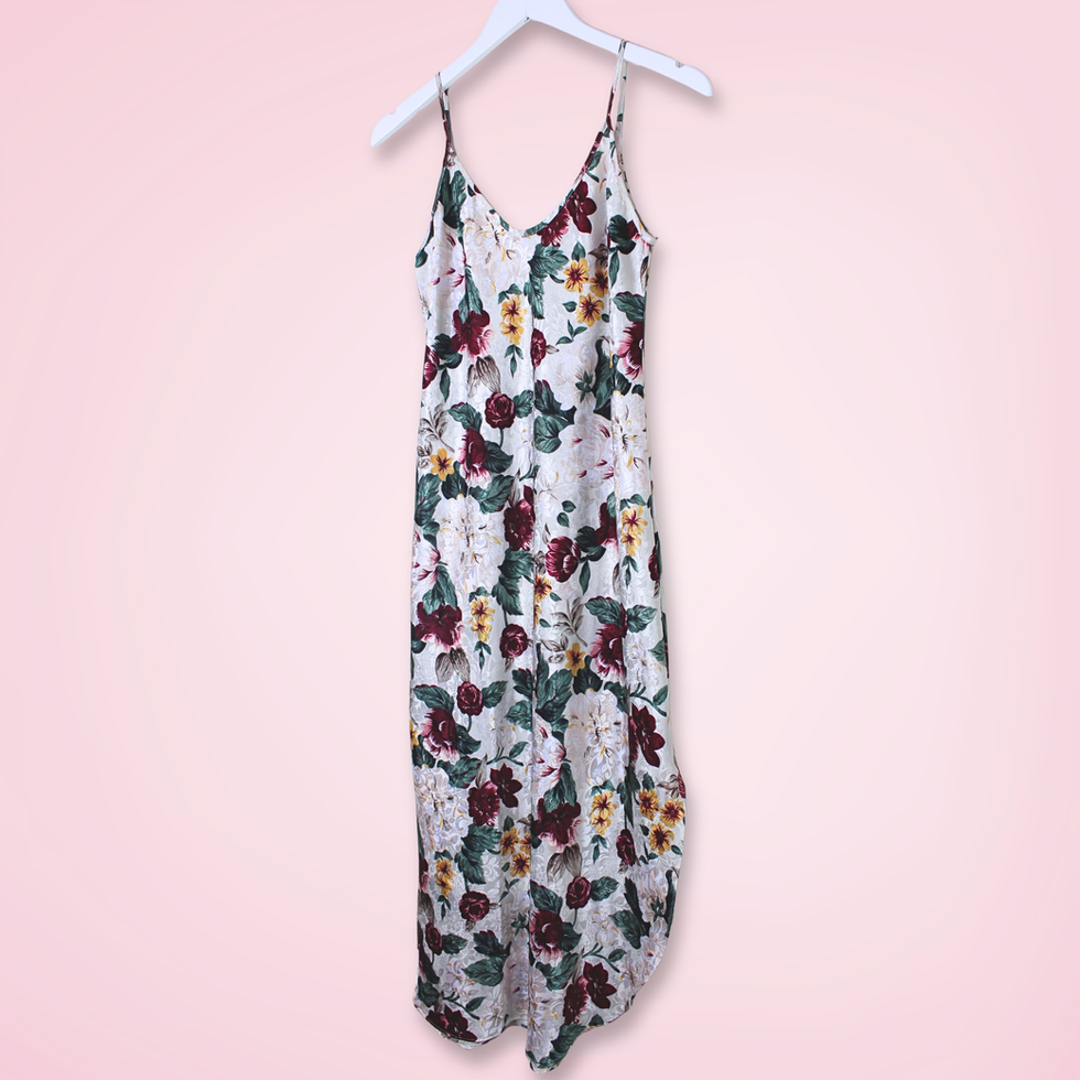 Right front view of vintage L.A. Intimates floral slip dress with colorful floral print and V-neckline