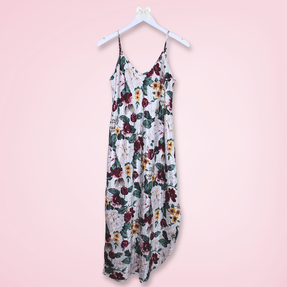 Vintage L.A. Intimates floral satin slip dress in white with red, green and yellow flowers, front view